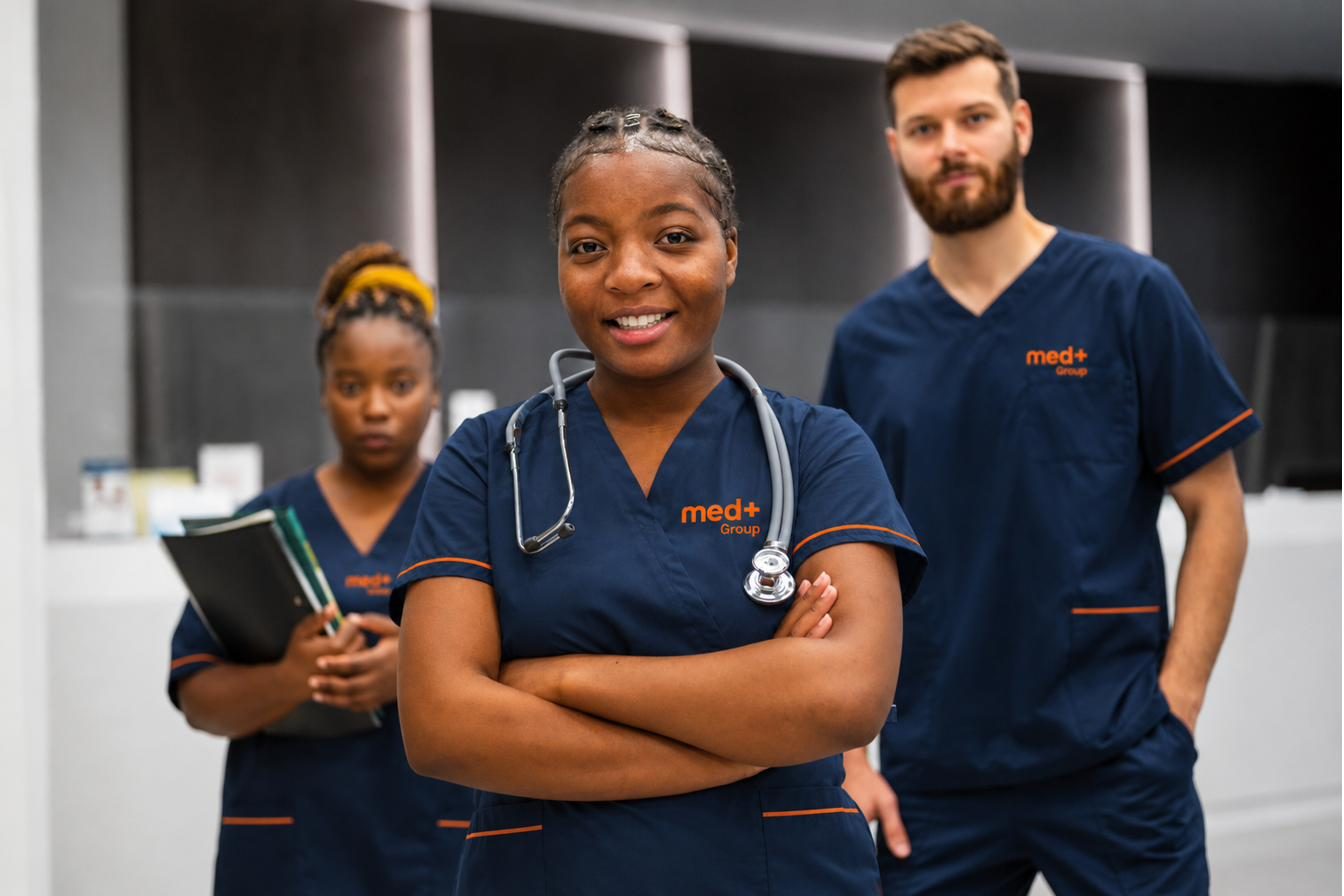 Equipe de saúde da Med+ em ambiente hospitalar